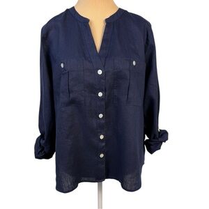 Isaac Mizrahi NWT Navy Blue Linen Button Up Blouse Roll Tab Sleeve Large 🌊✨